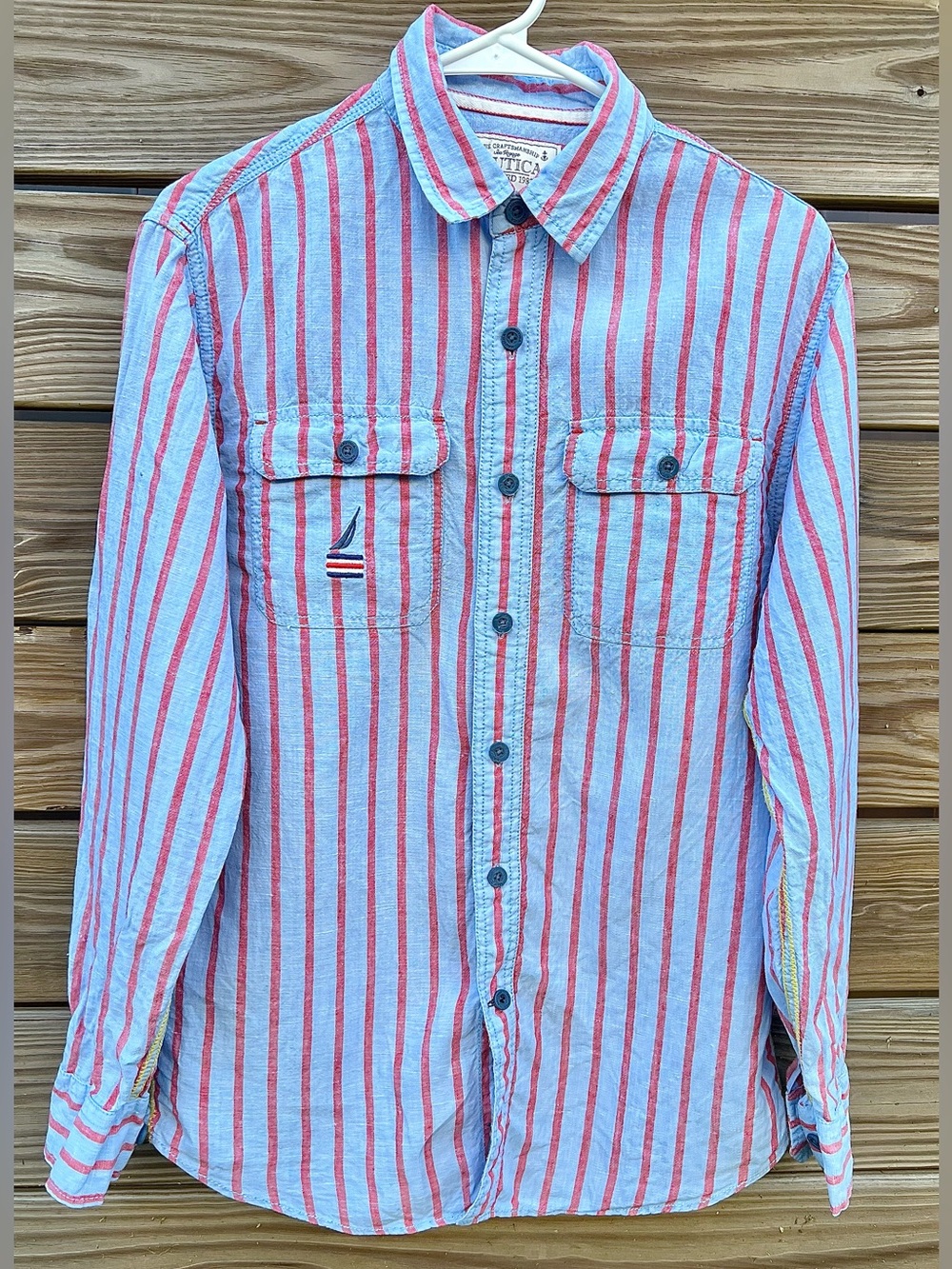 Vintage Y2K Nautica blue yellow striped 100% Linen Men’s Button Down Shirt SZ S